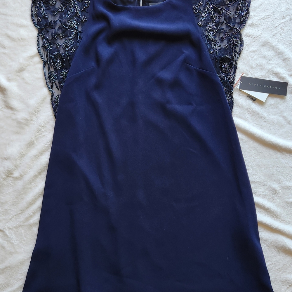 NWT Aidan Mattox Navy Blue Mini Dress With Embroidered And Beaded Details